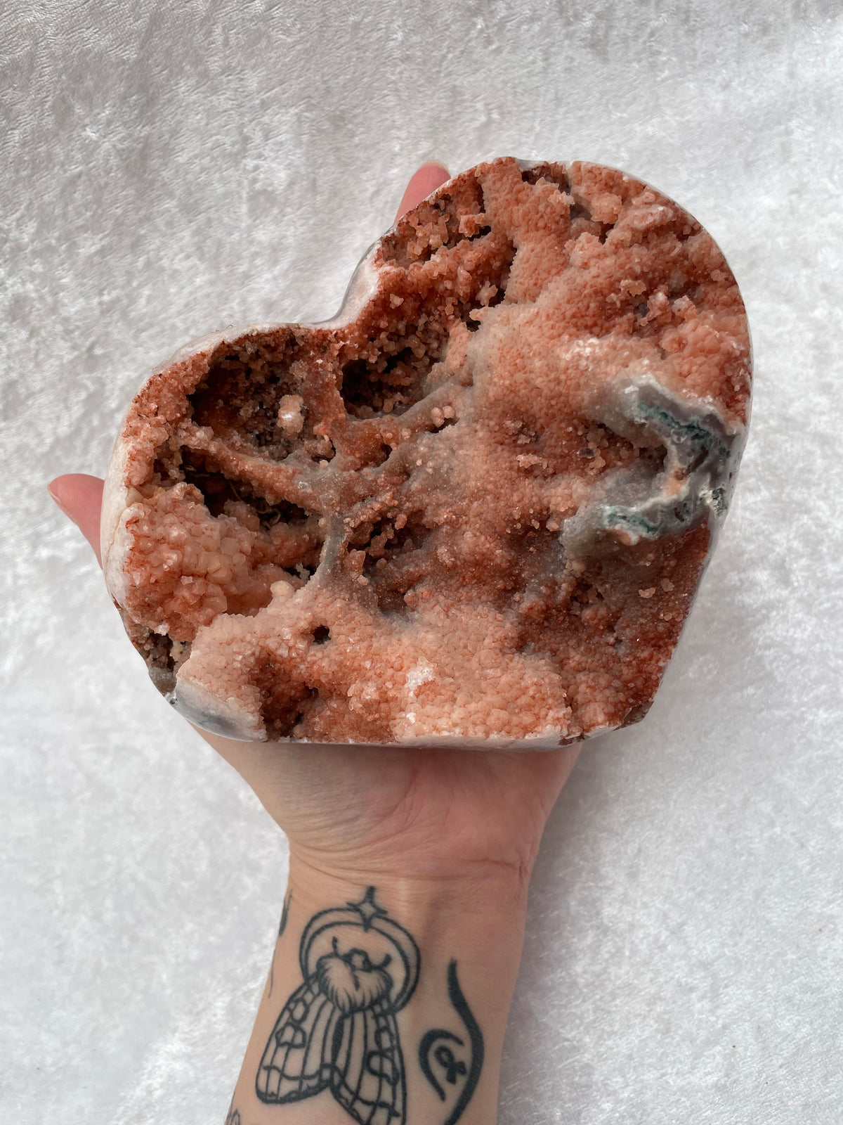 Large Pink Amethyst Druzy Cluster Heart on Gold Display Stand