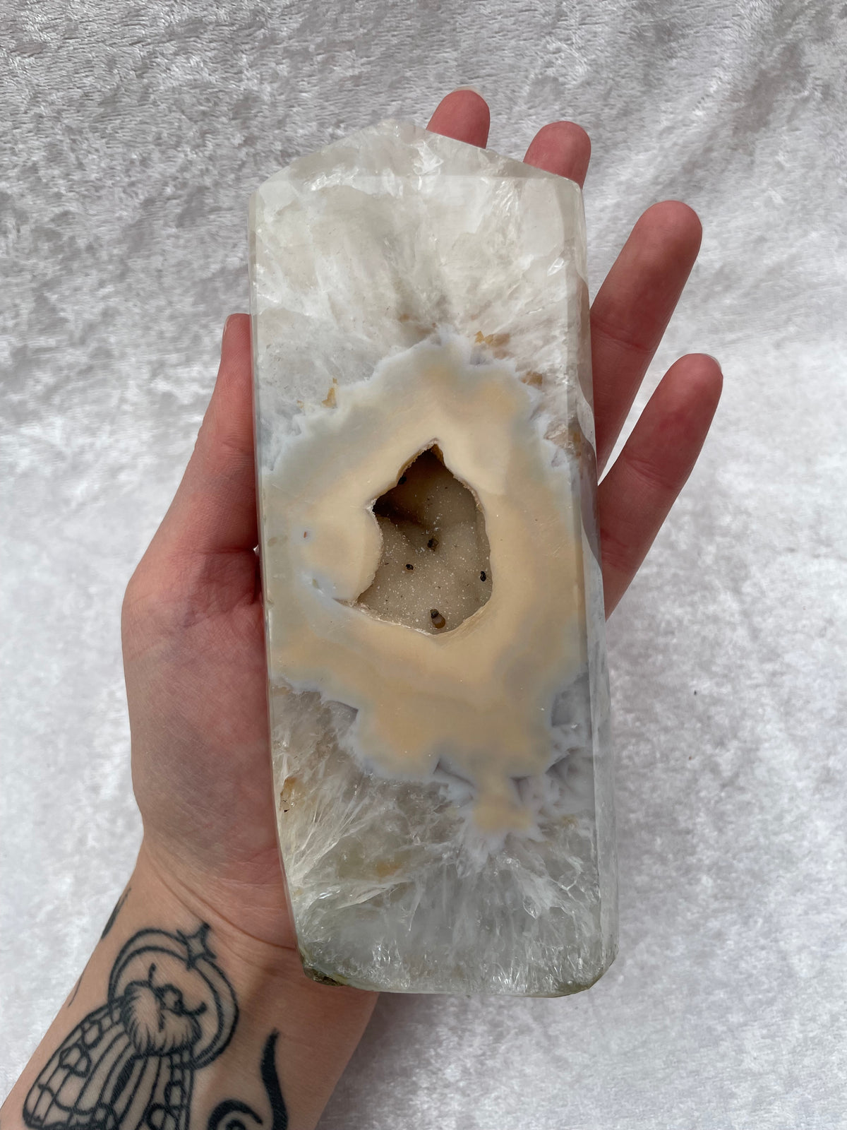 Natural Agate Tower with Druzy Geode Centre
