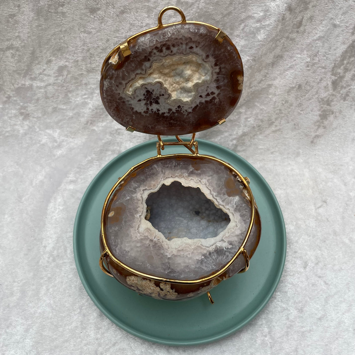 Natural Druzy Agate Hinged Geode Ring Box on Gold Display Stand