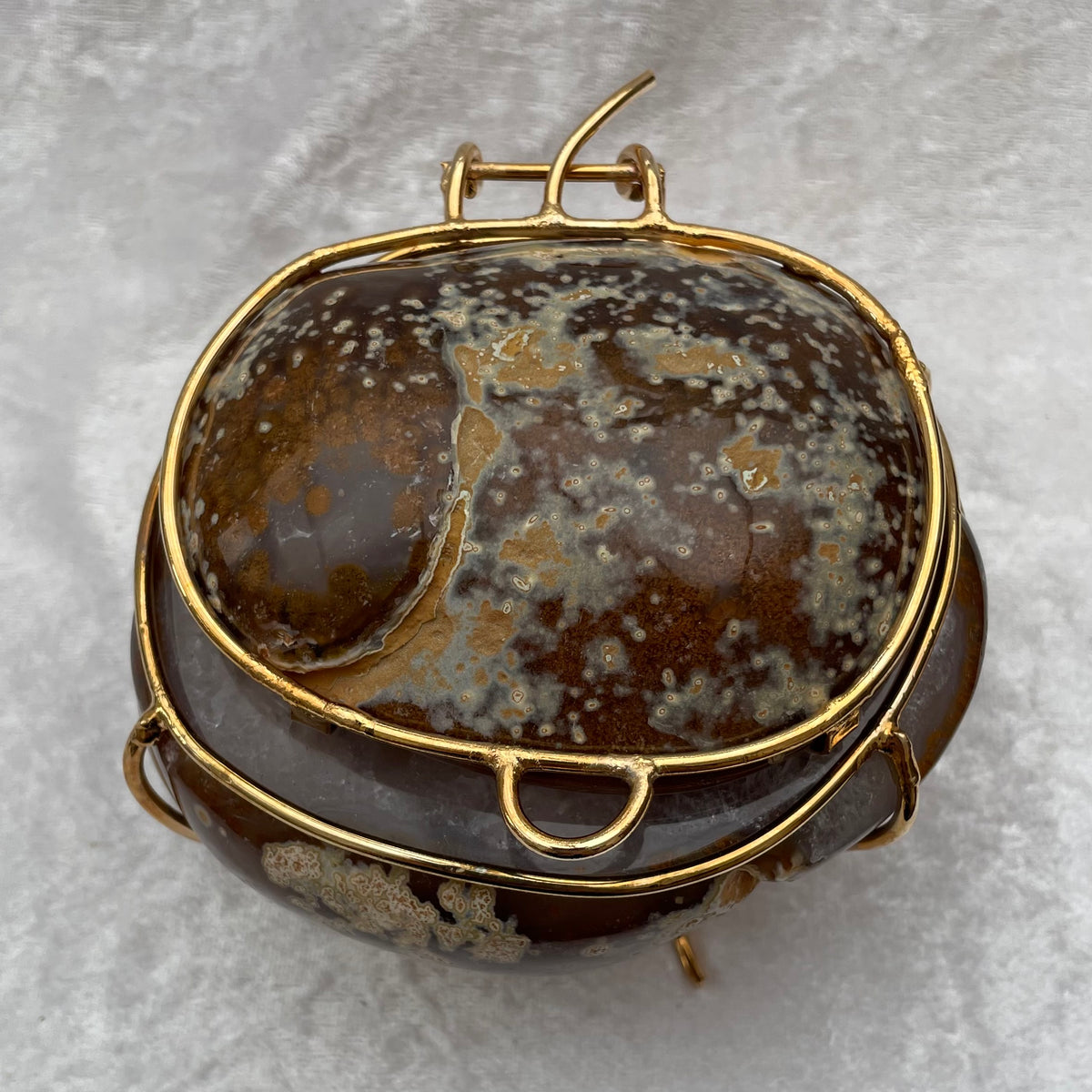 Natural Druzy Agate Hinged Geode Ring Box on Gold Display Stand