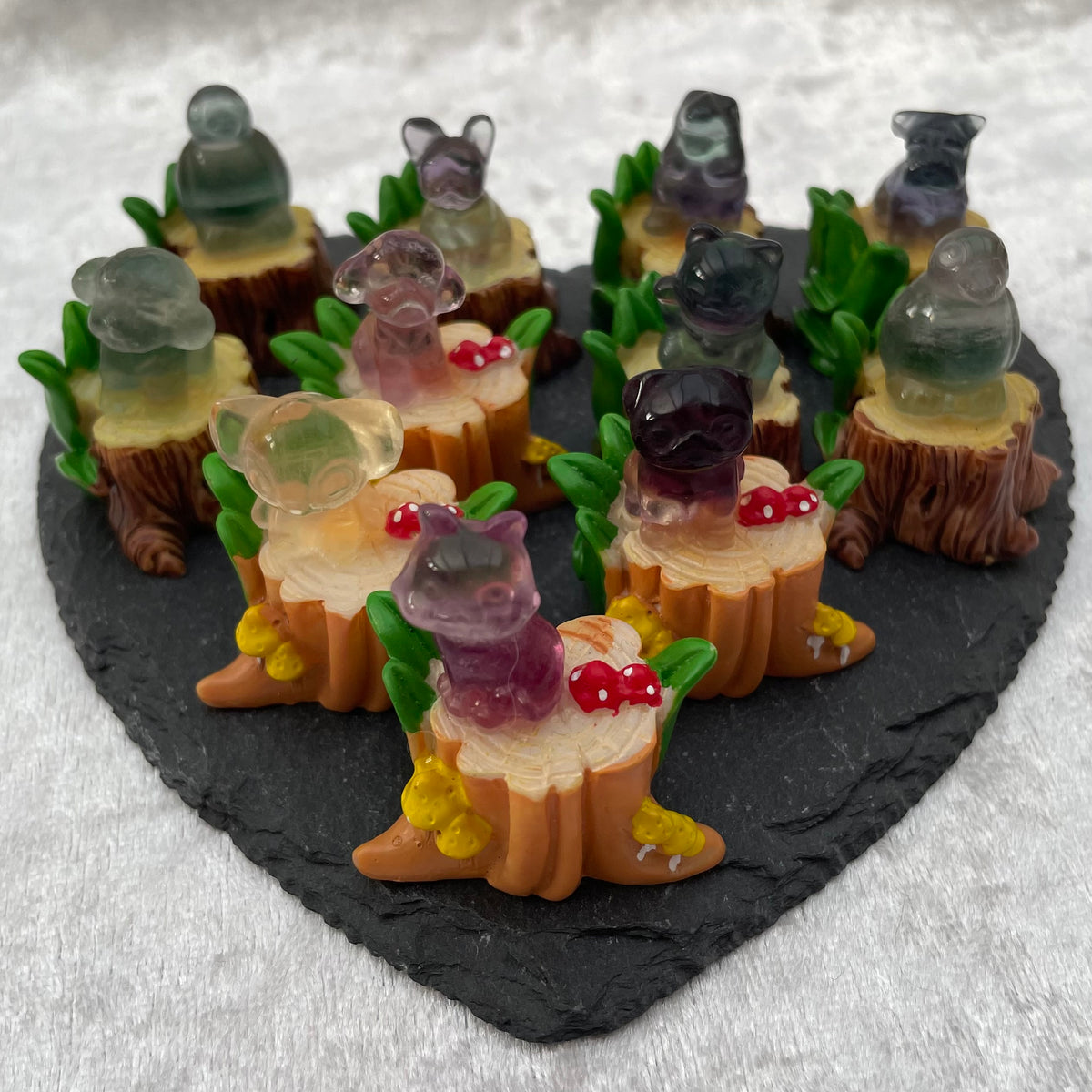 Mini Rainbow Fluorite Animals on Resin Tree Stump