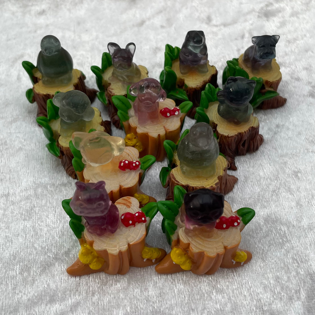Mini Rainbow Fluorite Animals on Resin Tree Stump