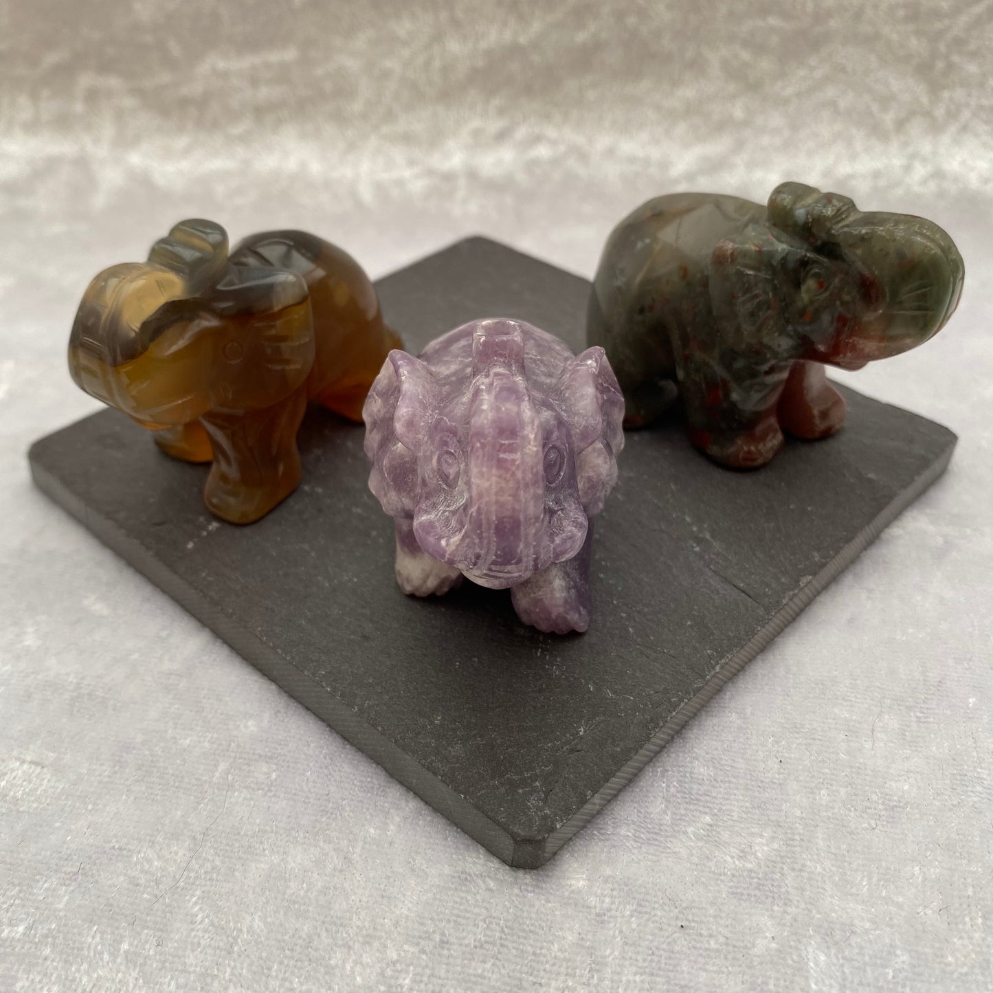 Agate, Lepidolite and Seftonite Elephants