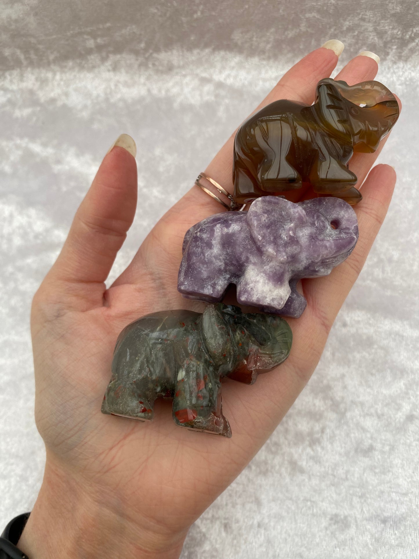 Agate, Lepidolite and Seftonite Elephants