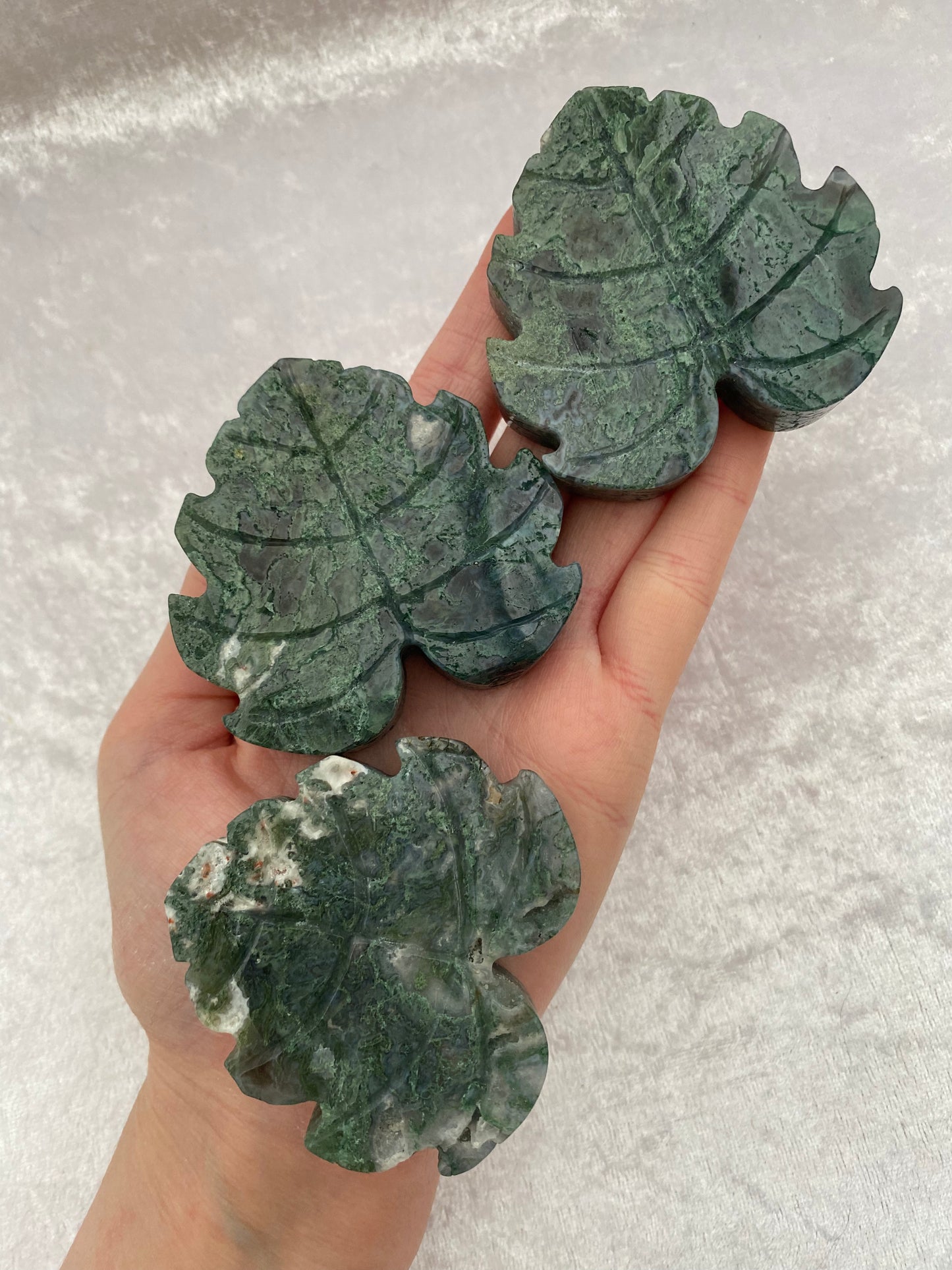 Moss Agate Monstera Leaf Carvings