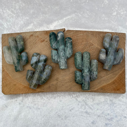 Moss Agate cactus carvings